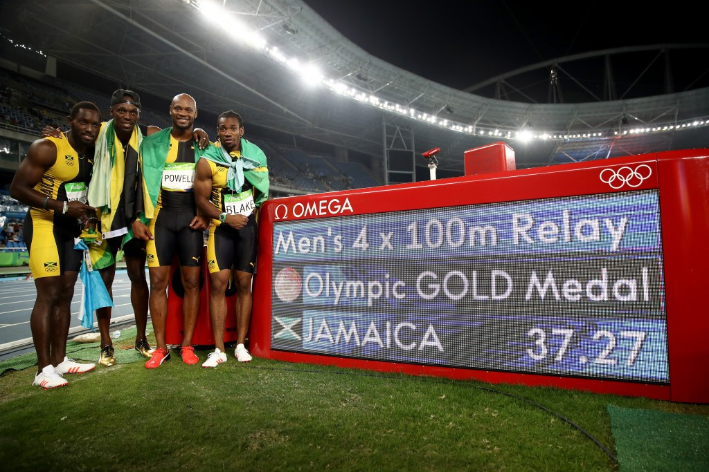 In the absence of Usain Bolt and former world 100m record holder Asafa Powell, much will be expected of Jamaica's 2011 world 100m champion Yohan Blake, pictured far right ©Getty Images