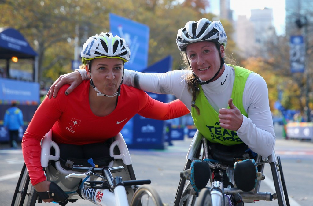 Switzerland's Manuela Schär, left, will be the favourite to succeed Tatyana McFadden, right, as London Marathon women's wheelchair champion ©Getty Images