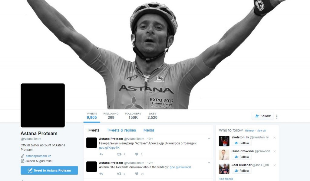 Astana changed their Twitter profile picture to black and added a image of Michele Scarponi to their home page on the social media site ©Astana/Twitter