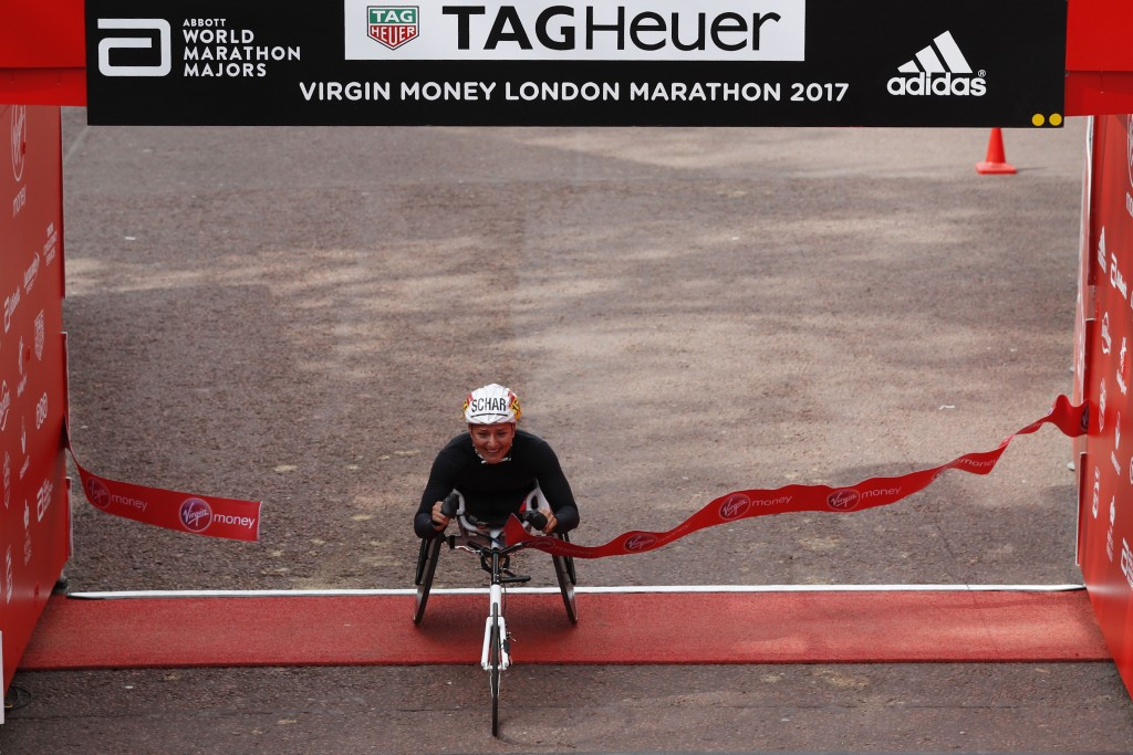 Switzerland's Manuela Schär earned her first London Marathon victory in the women's wheelchair race with a course record after finishing second to America's Tatyana McFadden for the last three years ©Getty Images