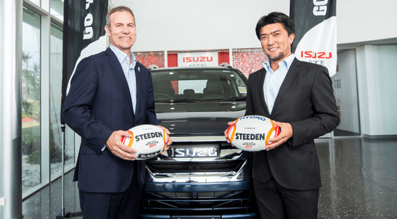 Andrew Hill, chief executive of the 2017 Rugby League World Cup, with Isuzu UTE Australia director of sales and marketing Yugo Kiyofuji, right ©RLWC2017