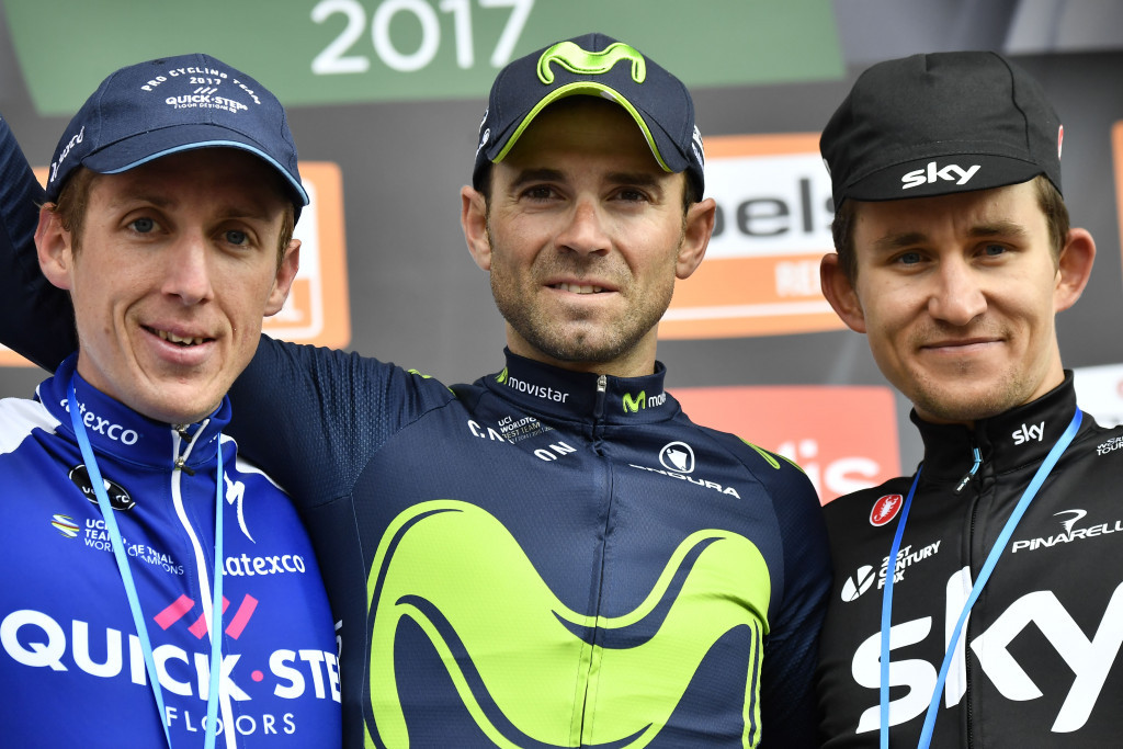 Alejandro Valverde, centre, was joined on the podium by runner-up Dan Martin, left, and third-placed Michal Kwiatkowski, right ©Getty Images