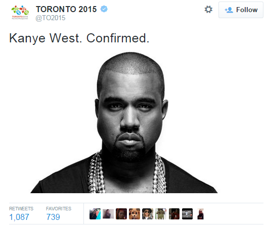Toronto 2015 tweet to confirm the news that Kanye West will perform at the Closing Ceremony ©Toronto 2015/Twitter