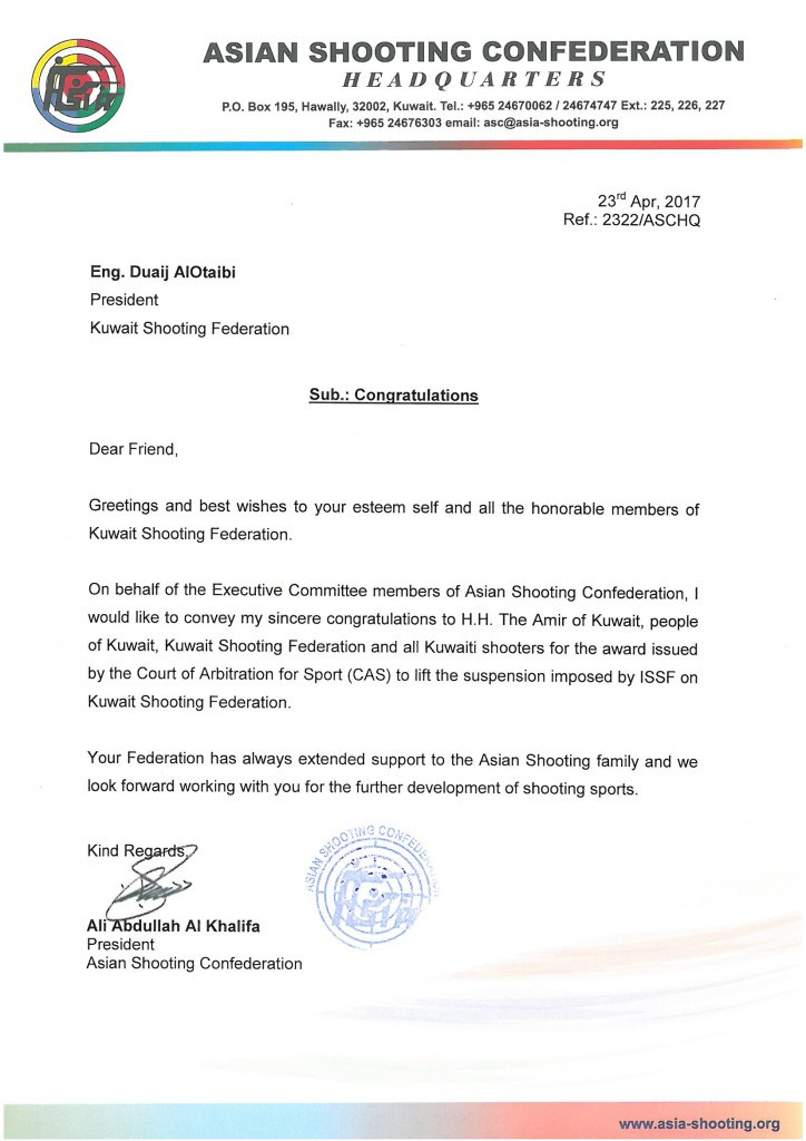 A letter sent by the Asian Shooting Confederation published by the Kuwait Shooting Federation ©KSC