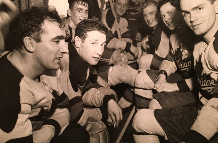 A particularly cosy changing room for the Lethbridge Maple Leafs - from left, Mallie Hughes, Jim Malacko, Bill Chandler, Whitey Rimstad, Lou Siray, Tom Woods and Stan Obodiac ©James Sinclair 

