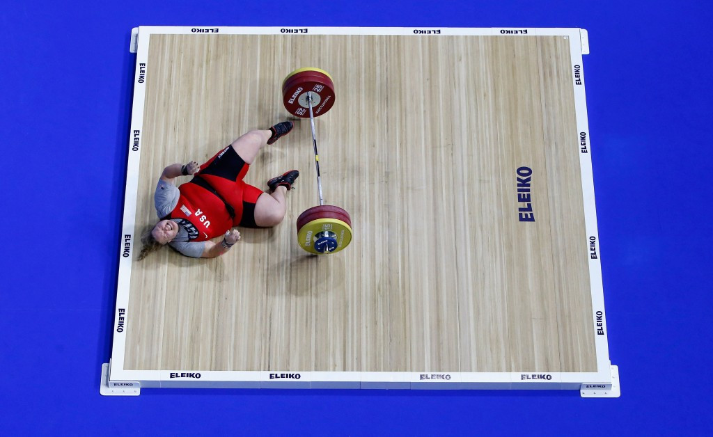 The United States Holley Mangold falls to the floor during the final day of weightlifting ©Getty Images