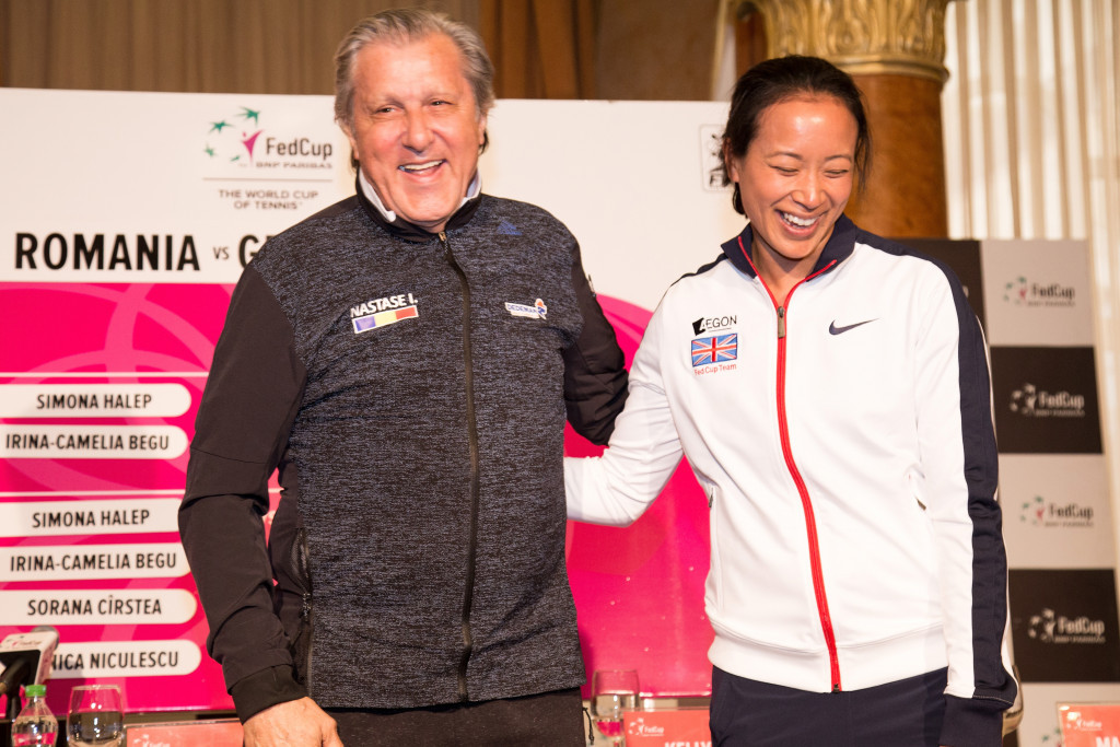 Ilie Nastase with Great Britain's Fed Cup captain Anne Keothavong during the pre-match press conference where he made the remarks about Serena Williams' unborn baby ©Getty Images