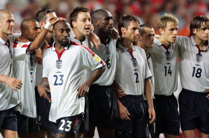 England's players contemplate failure in another big international penalty shoot-out - this time in the Euro 2004 quarter-final against Portugal. Doesn't seem to matter whether they are Team A or Team B.... ©Getty Images