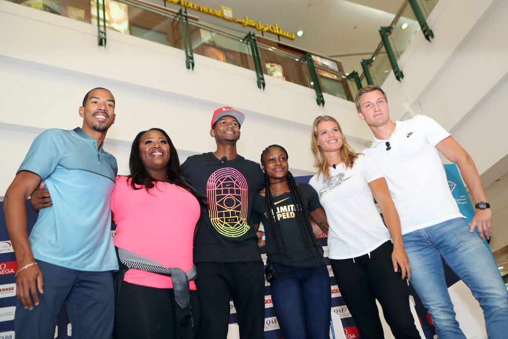 Left to right: Christian Taylor, Michelle Carter, Mutaz Barshim, Elaine Ferguson, Dafne Schippers and Thomas Rohler after a press event for the opening Diamond League event of the season ©Getty Images