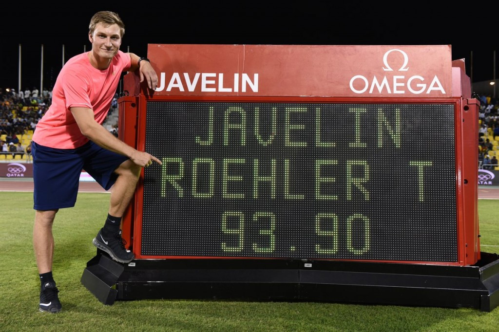 Germany's Olympic javelin champion Thomas Rohler displays his winning effort, the best in 20 years, at the IAAF Diamond League meeting in Doha ©IAAF