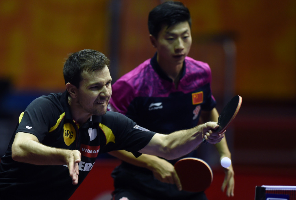 Germany's Timo Boll, left, and China's Ma Long are due to play men's doubles together at the World Championships in Düsseldorf later this month ©Getty Images