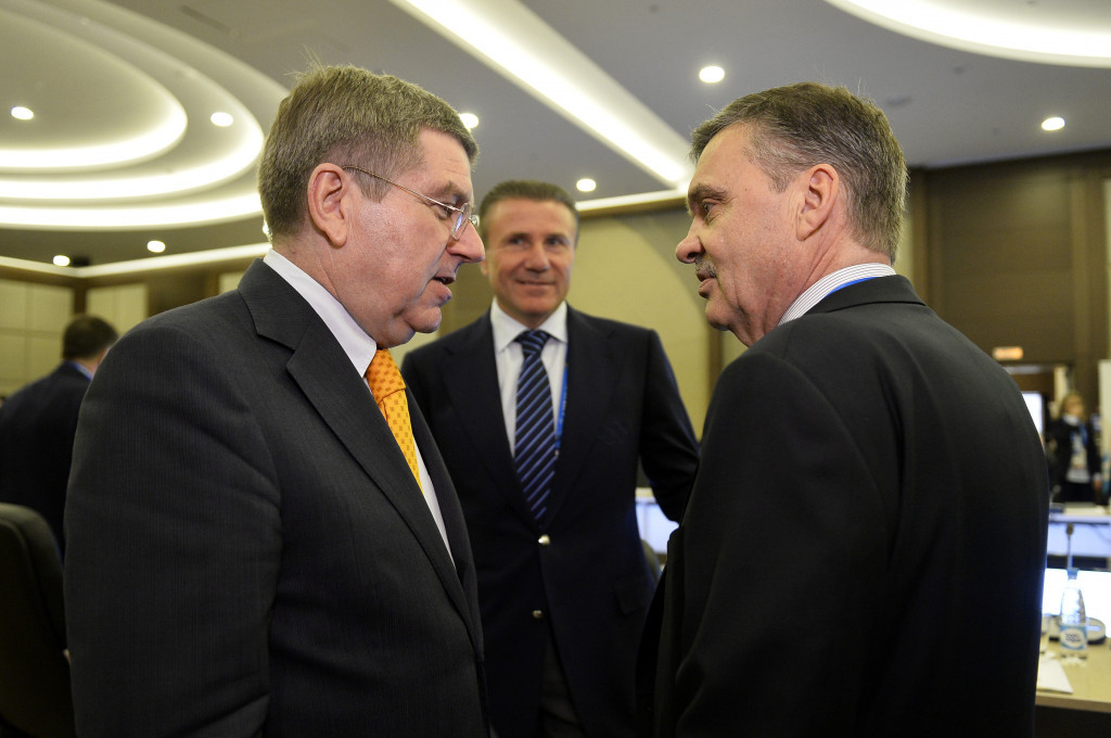 NHL President René Fasel, right, pictured speaking with IOC President Thomas Bach ©Getty Images