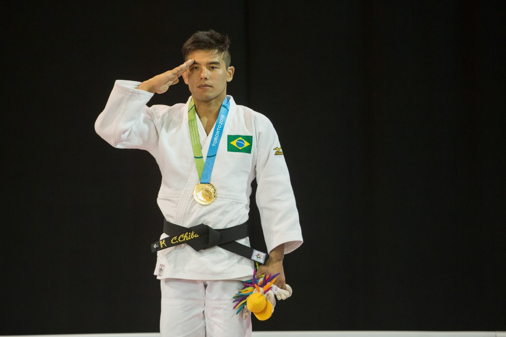 Judoka Charles Chibana was another to salute after being awarded his under 66kg gold ©AFP/Getty Images