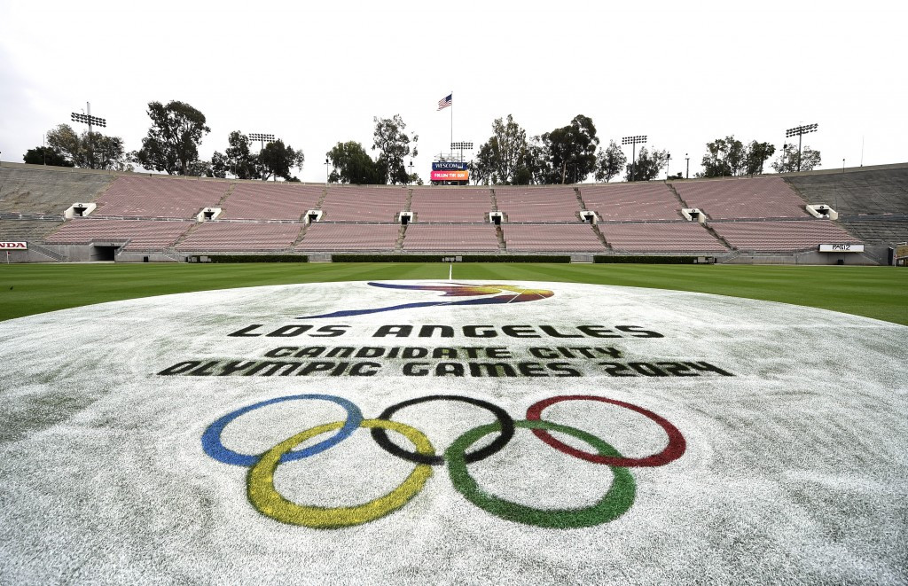 The Rose Bowl stadium and its Los Angeles 2024 branding were inspected during the Evaluation Commission ©Getty Images