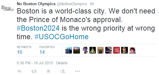 One of a series of strongly critical tweets published today by No Boston Olympics ©Twitter