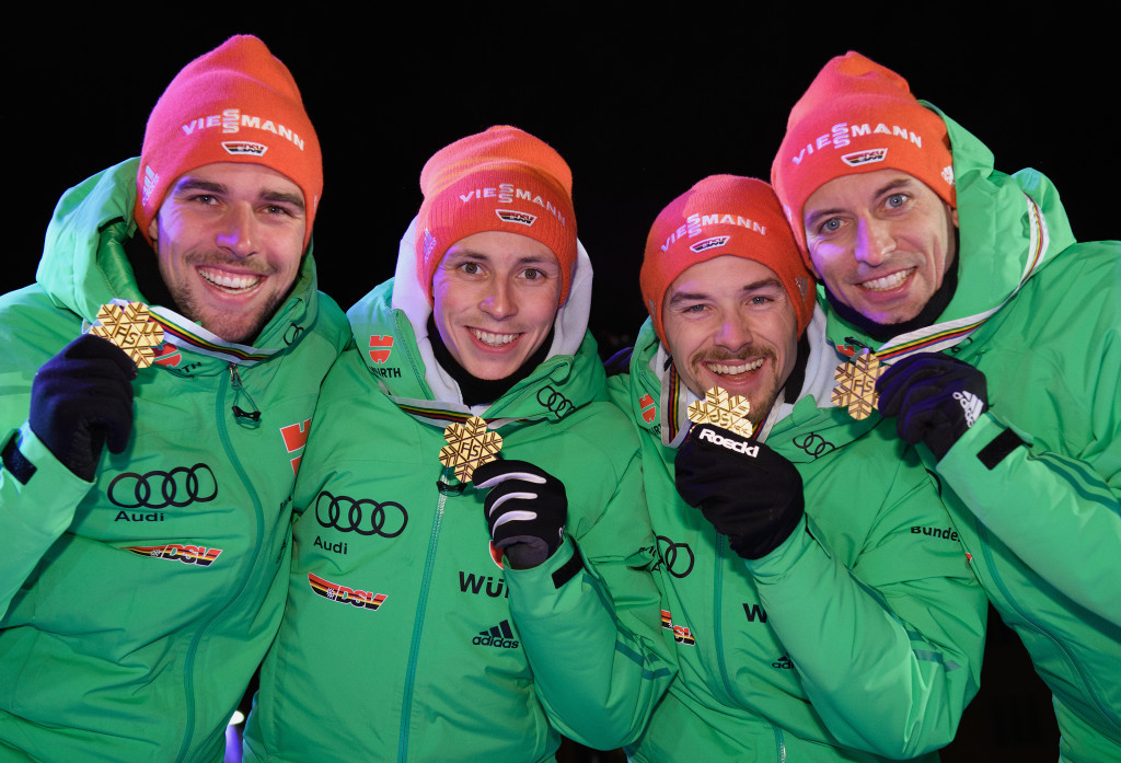 Johannes Rydzek, left, Eric Frenzel, inside left, Fabian Rießle, inside right, and Bjoern Kircheisen, right, all won World Championship gold last year ©Getty Images