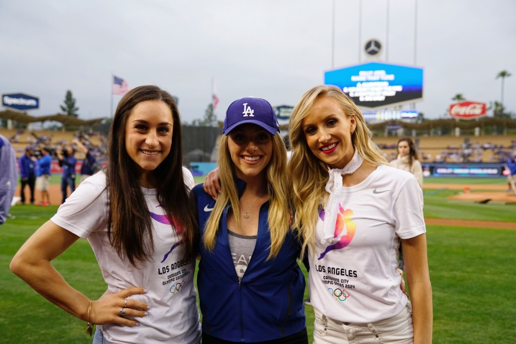 Nastia Liukin, right, was among several new members of the Los Angeles 2024 Athletes' Advisory Commission introduced to the crowd before a baseball match at Dodgers Stadium ©LA 2024