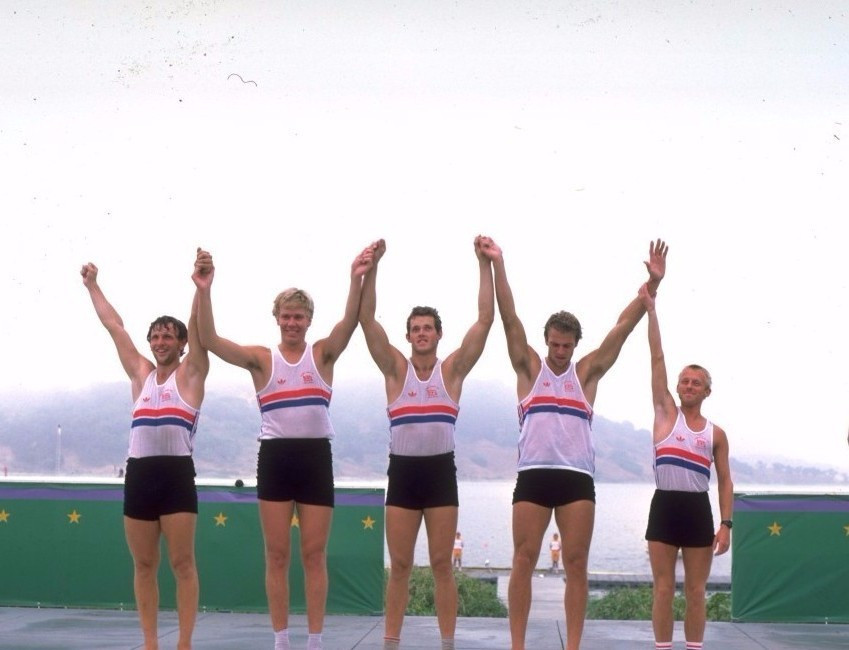Britain's Sir Steve Redgrave, second right, won the first of a record five consecutive Olympic gold medals in rowing at Los Angeles 1984 ©Getty Images