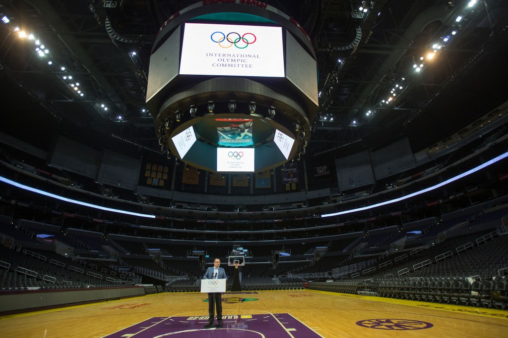The Staples Center was lit up with Olympic branding for the press conference today ©Getty Images