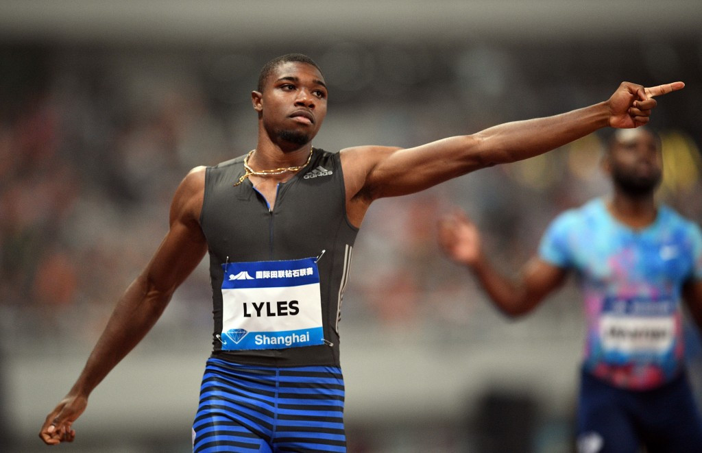 Noah Lyles, the IAAF World Under-20 100m champion, signals victory over 200m at the Shanghai Diamond League meeting ©Getty Images