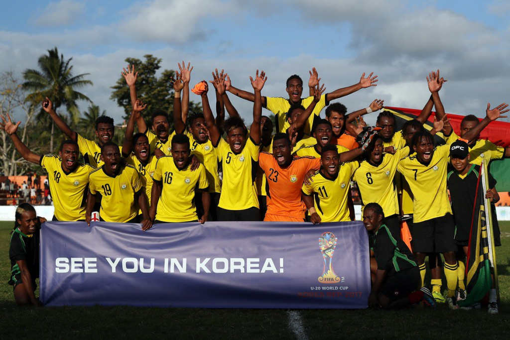 Vanuatu's players celebrate the prospect of making their debut at the FIFA Under-20 World Cup ©OFC/Twitter
