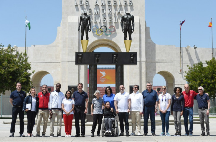 Members of the IOC Evaluation Commission and the Los Angeles 2024 committee gather outside the Memorial Coliseum stadium after a venue tour earlier this month ©Getty Images