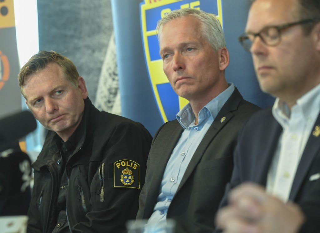 SvFF general secretary Hakan Sjostrand, centre, described the incident as a very serious attack against Swedish football ©Getty Images