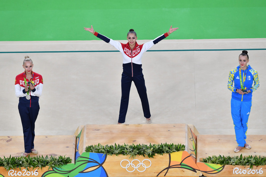 Rio 2016 Olympic Games all-around medallists Yana Kudryavtseva, left, Margarita Mamun, centre, and Ganna Rizatdinova will not be at the European Rhythmic Gymnastics Championships in Budapest ©Getty Images