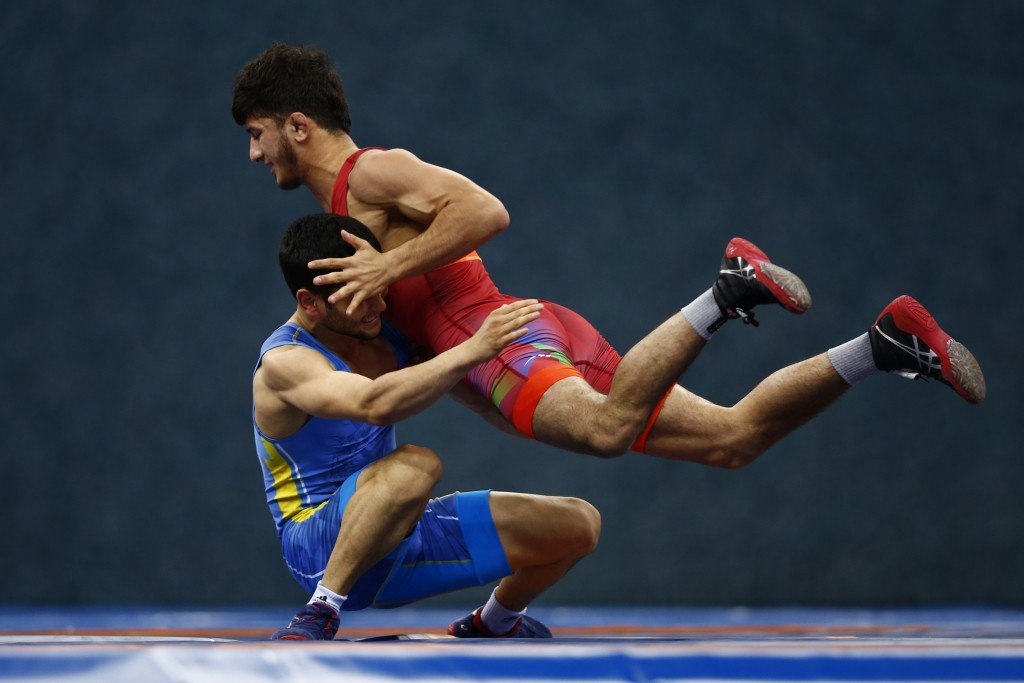 Mahir Amiraslanov, wearing red, won one of two wrestling golds for Azerbaijan today ©Getty Images