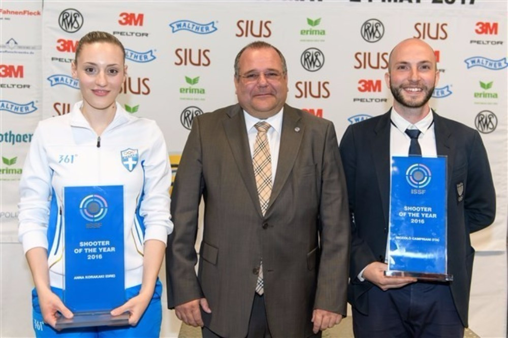 Anna Korakaki, left, and Niccolo Campriani, right, were presented with their ISSF Shooter of the Year trophies for 2016 ©ISSF