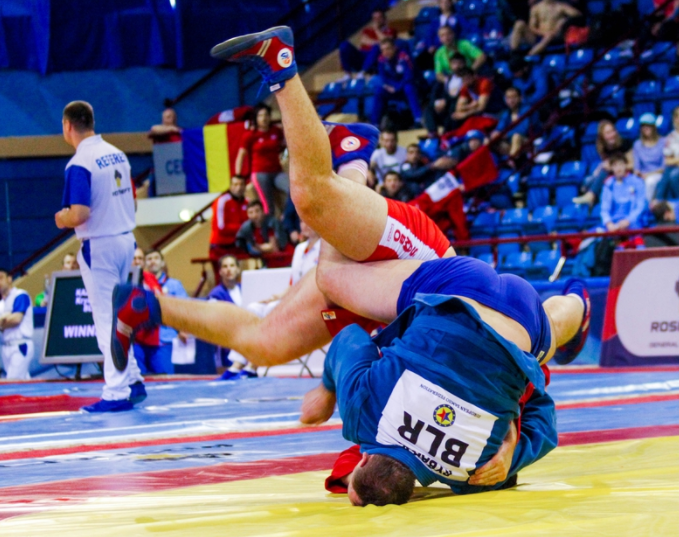 Home favourite Yury Rybak prevented Russia from claiming victories in all eight finals in which they were represented on the final day of the 2017 European Sambo Championships ©FIAS
