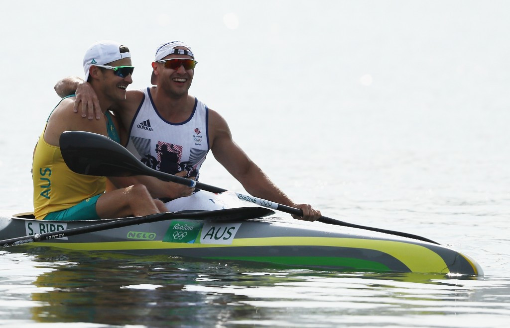 Liam Heath, right, celebrates with Australian eighth place finisher Stephen Bird after winning the K1 200m final at Rio 2016. Australia are aiming to narrow the gap to the likes of Great Britain ©Getty Images