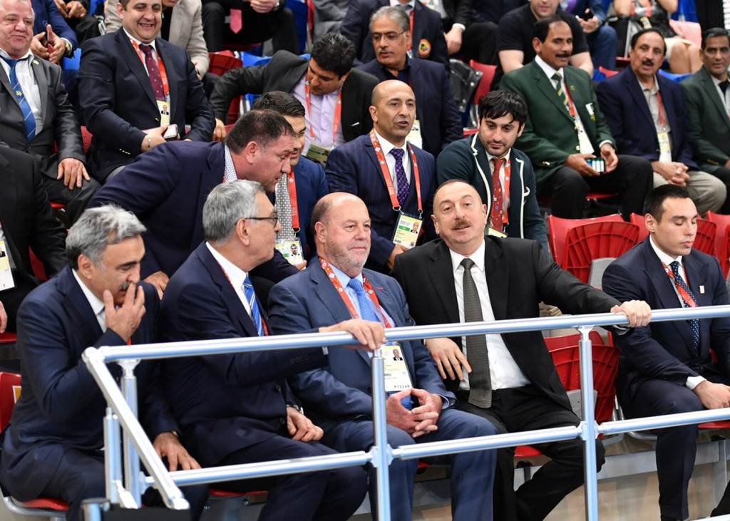 Azerbaijan’s President Ilham Aliyev joined WKF President Antonio Espinós for the competition ©WKF