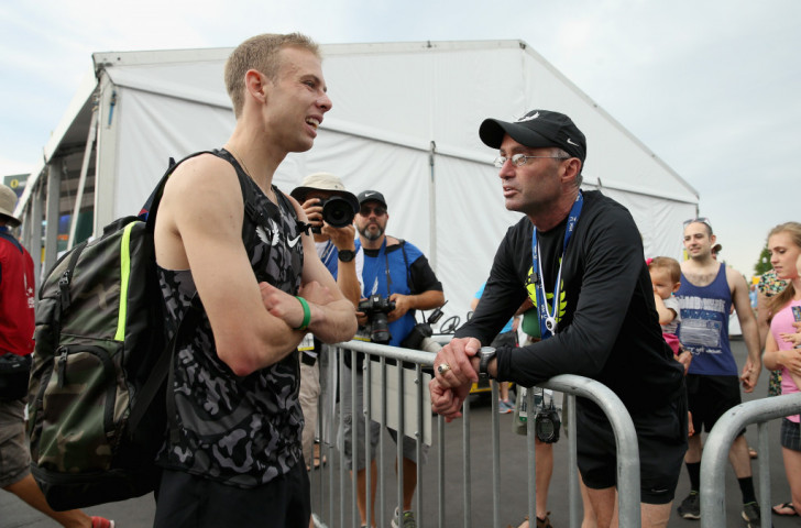 Nike Oregon Project head coach Alberto Salazar speaks to Galen Rupp at the 2015 US Championships ©Getty Images