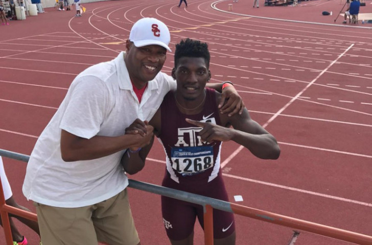 Fred Kerley is congratulated on running 43.70sec at the NCAA West Prelims meeting in Austin, Texas by 1992 Olympic champion Quincy Watts, whose record he had beaten by 0.30 ©Fred Kerley/Twitter