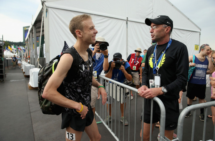 Alberto Salazar (right), pictured with Galen Rupp at the 2015 US Championships, has issued a statement strongly denying allegations in a leaked USADA report ©Getty Images
