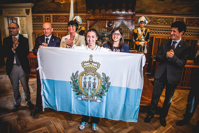 Letizia Giardi proudly displays the national flag that she will carry for San Marino into tomorrow's Opening Ceremony of the 17th Games of the Small States of Europe ©San Marino 2017