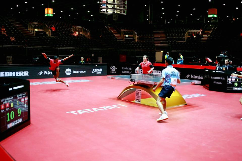 Acrobatic performances in the mixed doubles on the opening day of the World Championships ©ITTF/Facebook