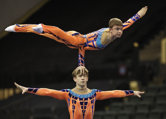 Dmitry and Maksim Ivanov of Russia moved into a joint lead at the top of the men's acrobatic gymnastics rankings ©FIG