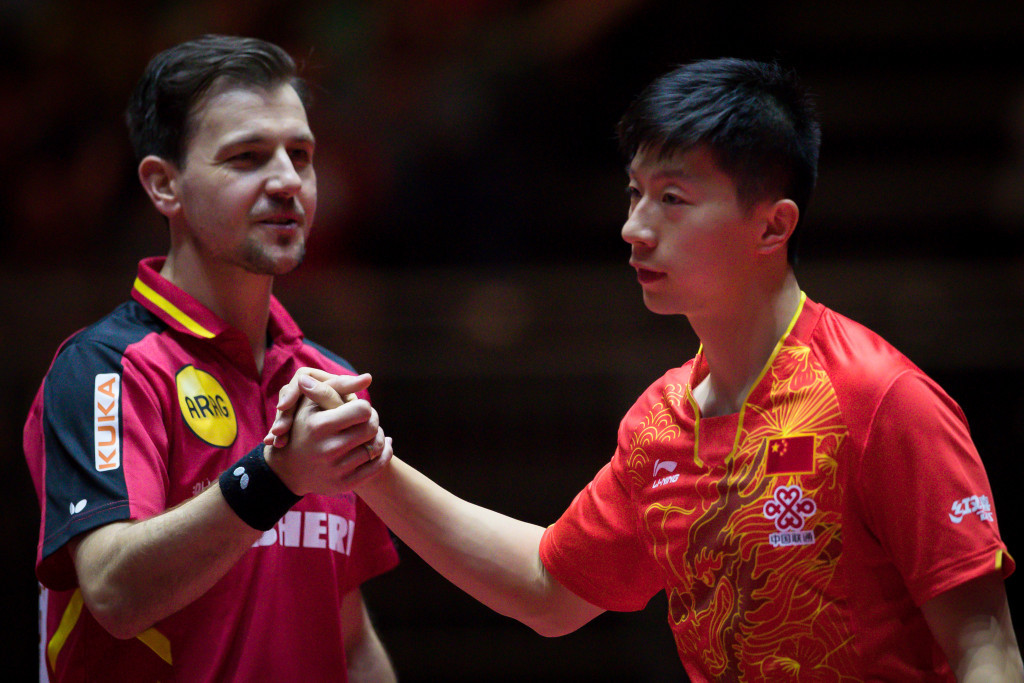 The mixed nationality pairing of Germany's Timo Boll, left, and China's Zhang Jike won their opening match in the doubles competition at the ITTF World Championships ©Getty Images
