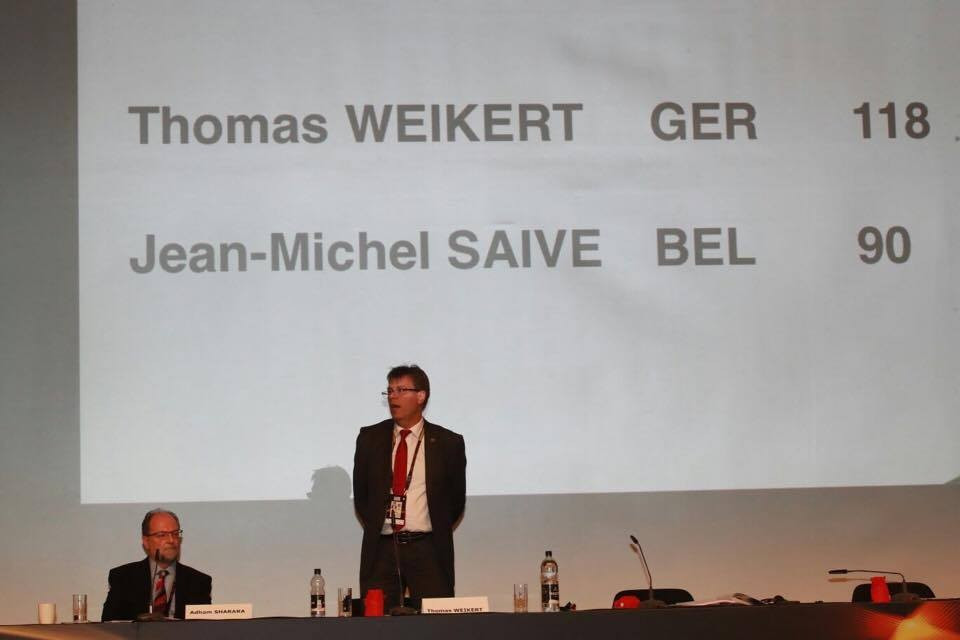 Thomas Weikert realises his ITTF Presidential bid has been successful ©ITTF