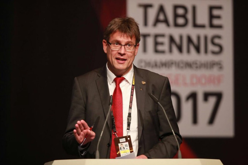 Thomas Weikert speaks during the meeting before his election ©ITTF