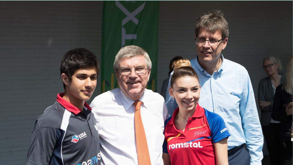IOC President Thomas Bach, second left, joined ITTF counterpart Thomas Weikert, right, at the World Championships today ©Getty Images