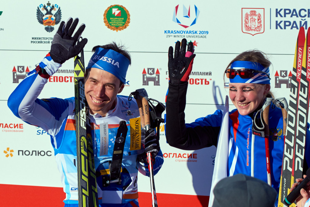 Polina Frolova, right, pictured here with fellow Russian Andrey Lamov during the 2017 IOF World Ski Orienteering Championships in Krasnoyarsk ©WSOC 2017