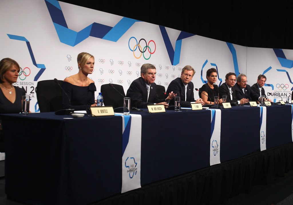 Thomas Bach, third left, pictured presenting Munich's Winter Olympic bid at the 2011 IOC Session in Durban ©Getty Images