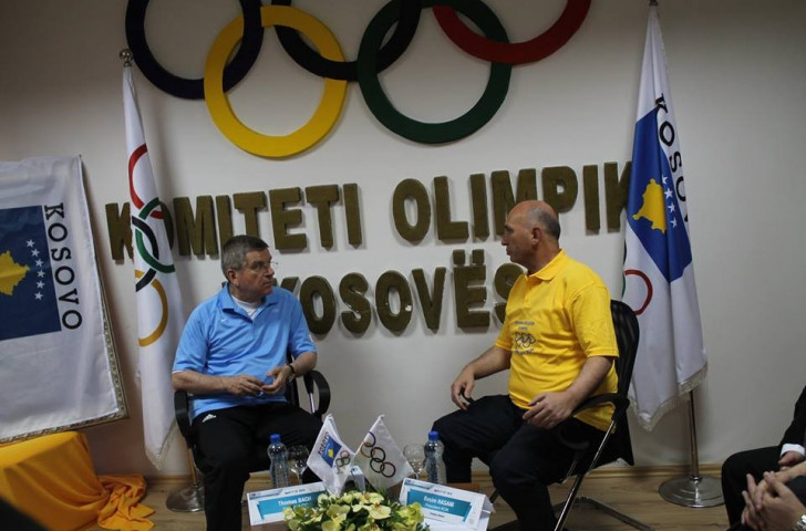 IOC President Thomas Bach and KOC head Besim Hasami meet at the KOC office in the House of Sport shortly before leaving to participate in a Fun Run ©KOC