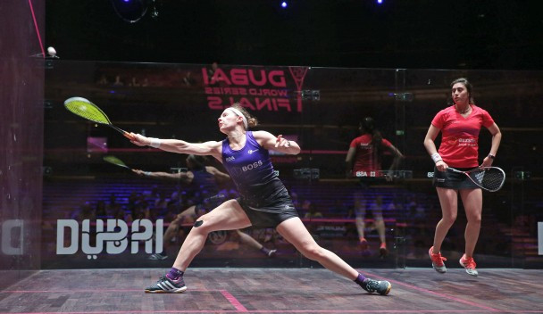 Sarah-Jane Perry, left, beat Nour El Sherbini to claim a massive win ©PSA