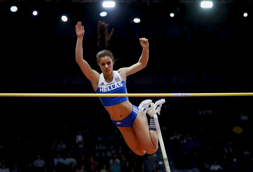 Greece's Olympic pole vault champion Ekaterini Stefanidi, pictured earning gold at this year's European Athletics Indoor Championships, says she is in her best shape ever as she faces 5.00m jumper Sandi Morris in Rome ©Getty Images