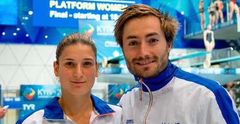 Italian duo Elena Bertocchi, left, and Maicol Verzotto, right, won the 3m synchronised title in Kyiv today ©LEN