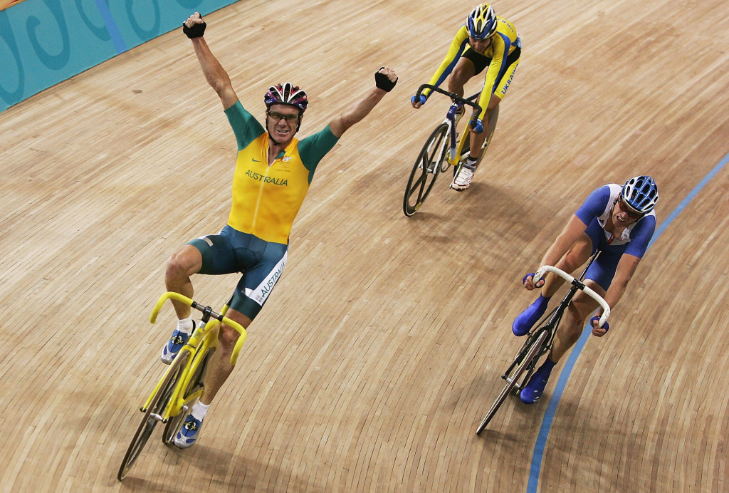 Stuart O'Grady of Australia celebrates winning gold alongside Graeme Brown in the men's madison at the Athens 2004 Olympic Games ©Getty Images